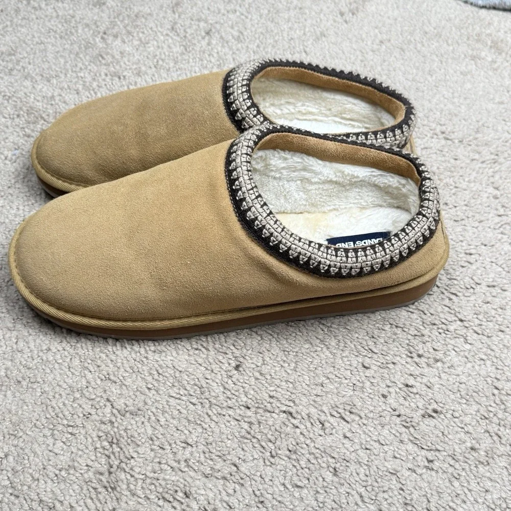 Land's End Suede‎ Tan Slippers Size Mens 10 EUC Soft Lining Lounge Cozy
